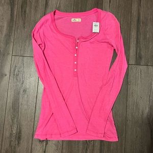 Pink Hollister V-Neck Button Down Long Sleeve, Size Medium